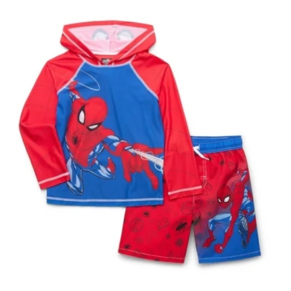 NWT. MARVEL Spider-Man Kids Rashguard and Swim Trunks Set